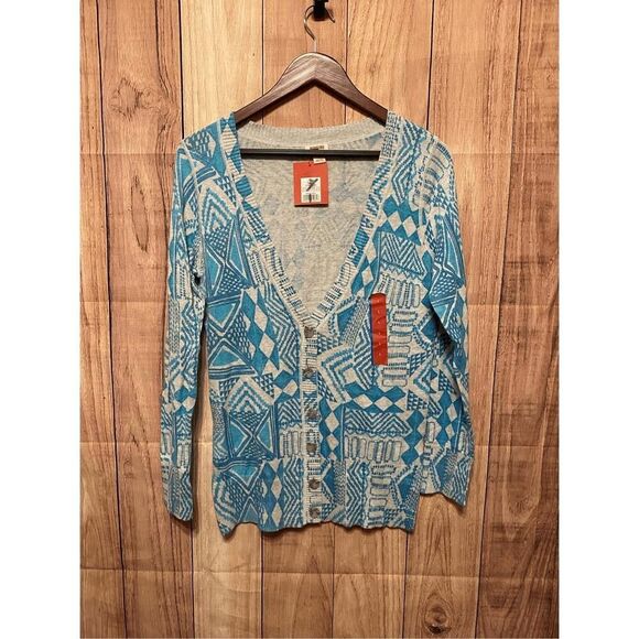 Mossimo Large NWT Women's Boyfriend Printed sweater Cardigan Grey/Blue - Picture 2 of 6